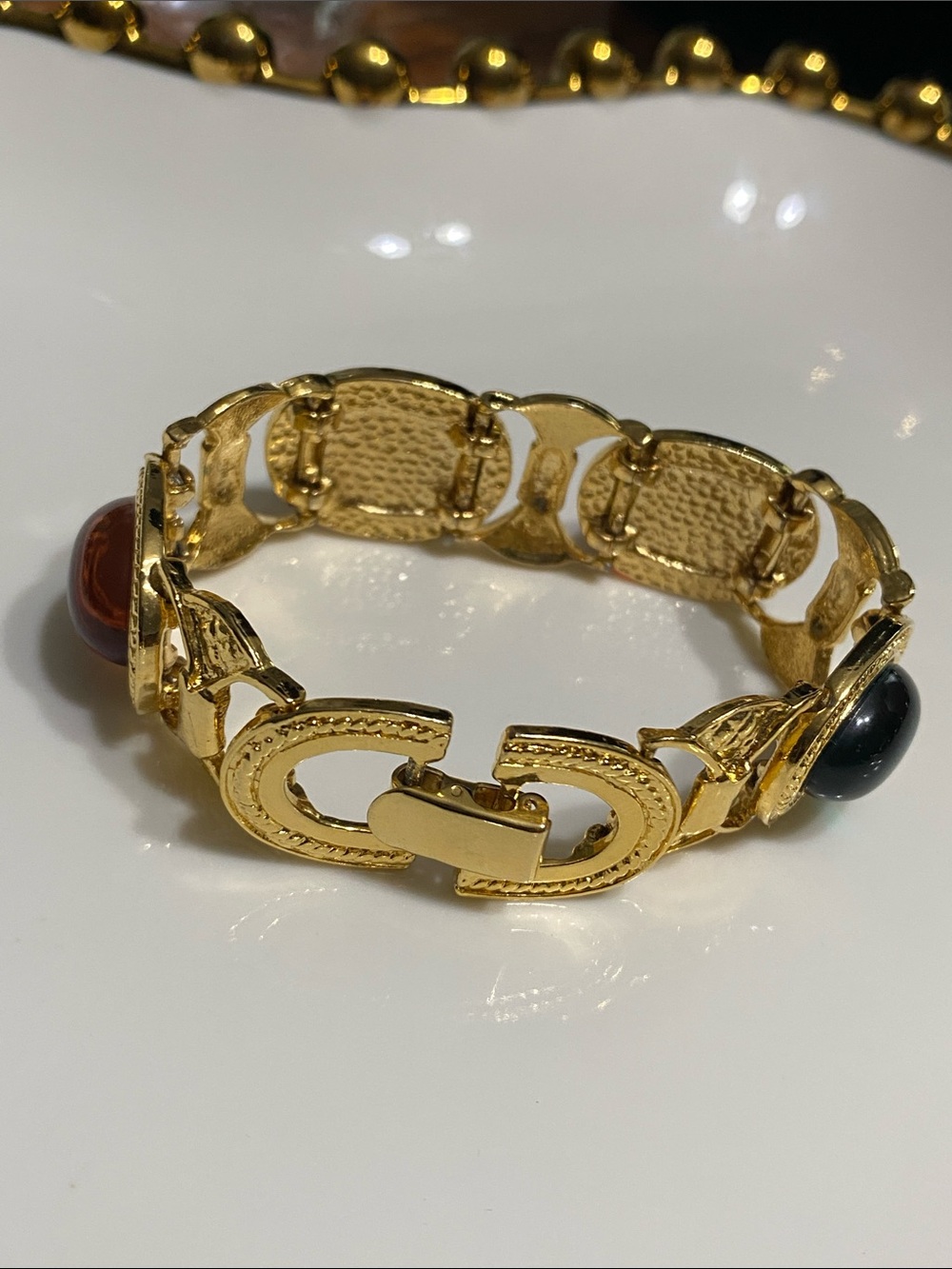 VTG Gold Tone Multicolor Cabochon Link Bracelet - Picture 6 of 7